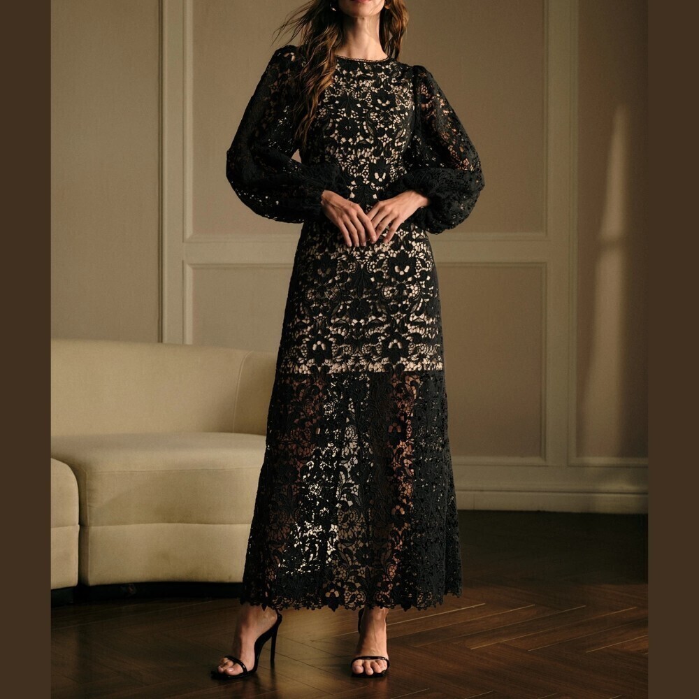 Black Floral Lace Balloon Sleeve Round Neck Maxi Dress